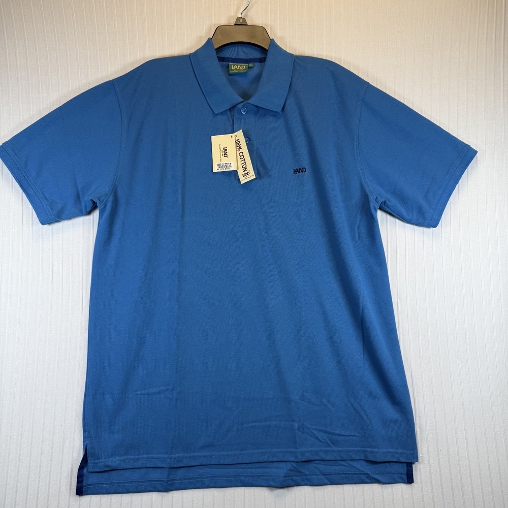 Land The Cotton Collection Polo Shirt Men XL Royal Blue Short Sleeve Logo NWT‎